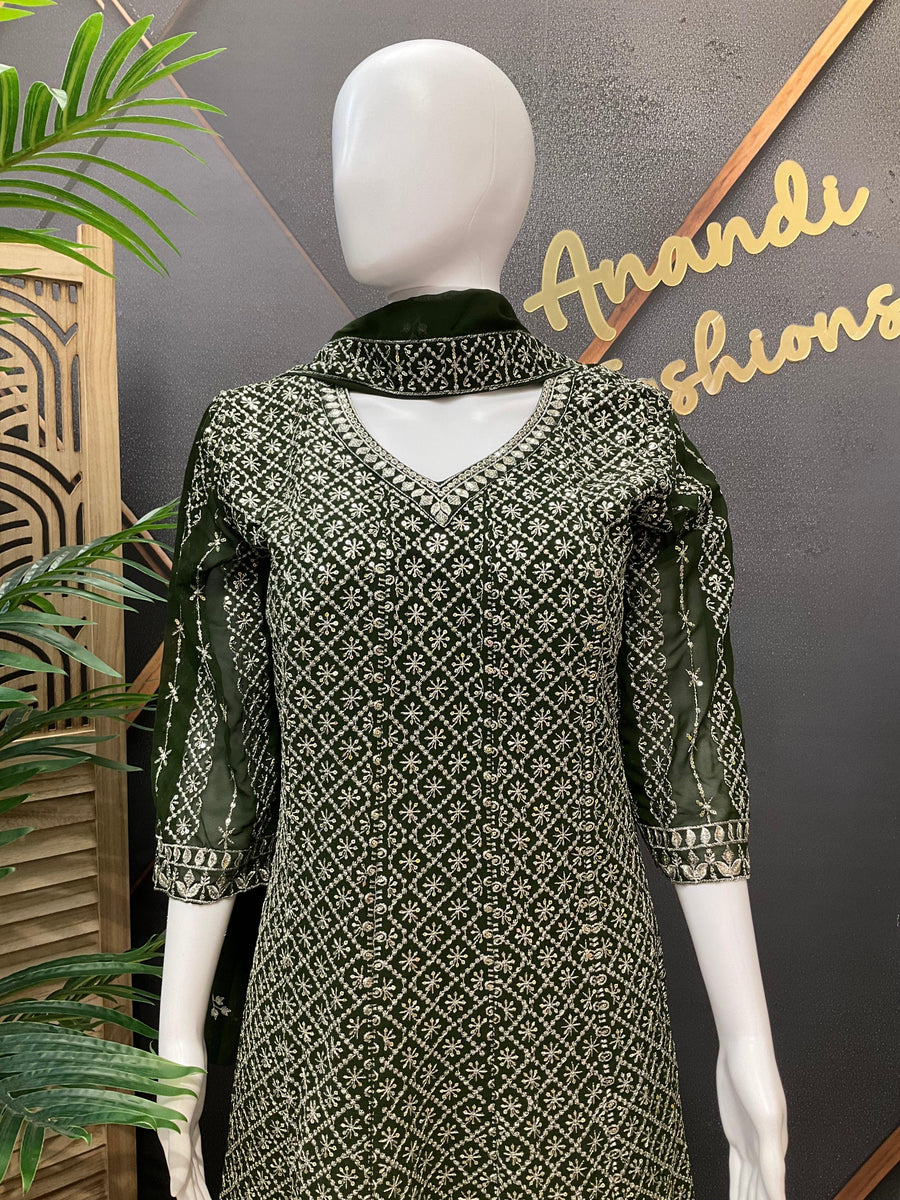 Green Georgette Anarkali Kurti Set Size 42 - Silver Zari Party Wear