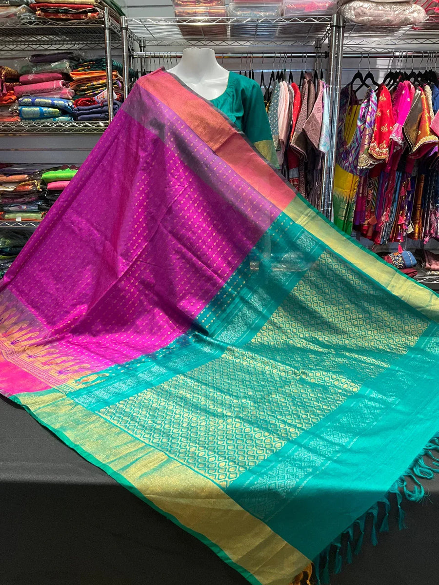 Uppada Pure Silk Saree with Stitched Green Blouse Size 38-42 - Parrot Green & Gold
