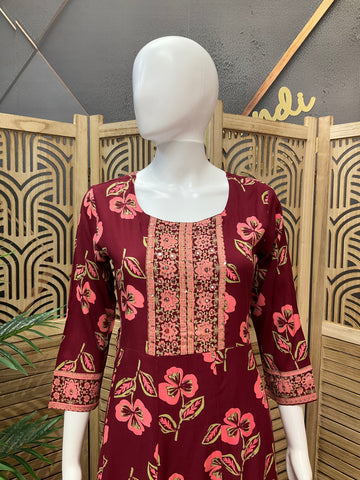 Pure Cotton - Red Floral long kurti