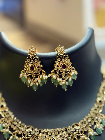 Gold Finish AD Necklace Set with Monalisa Beads