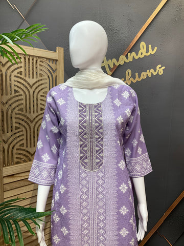 Lavender -Cotton Chikankari Kurti set