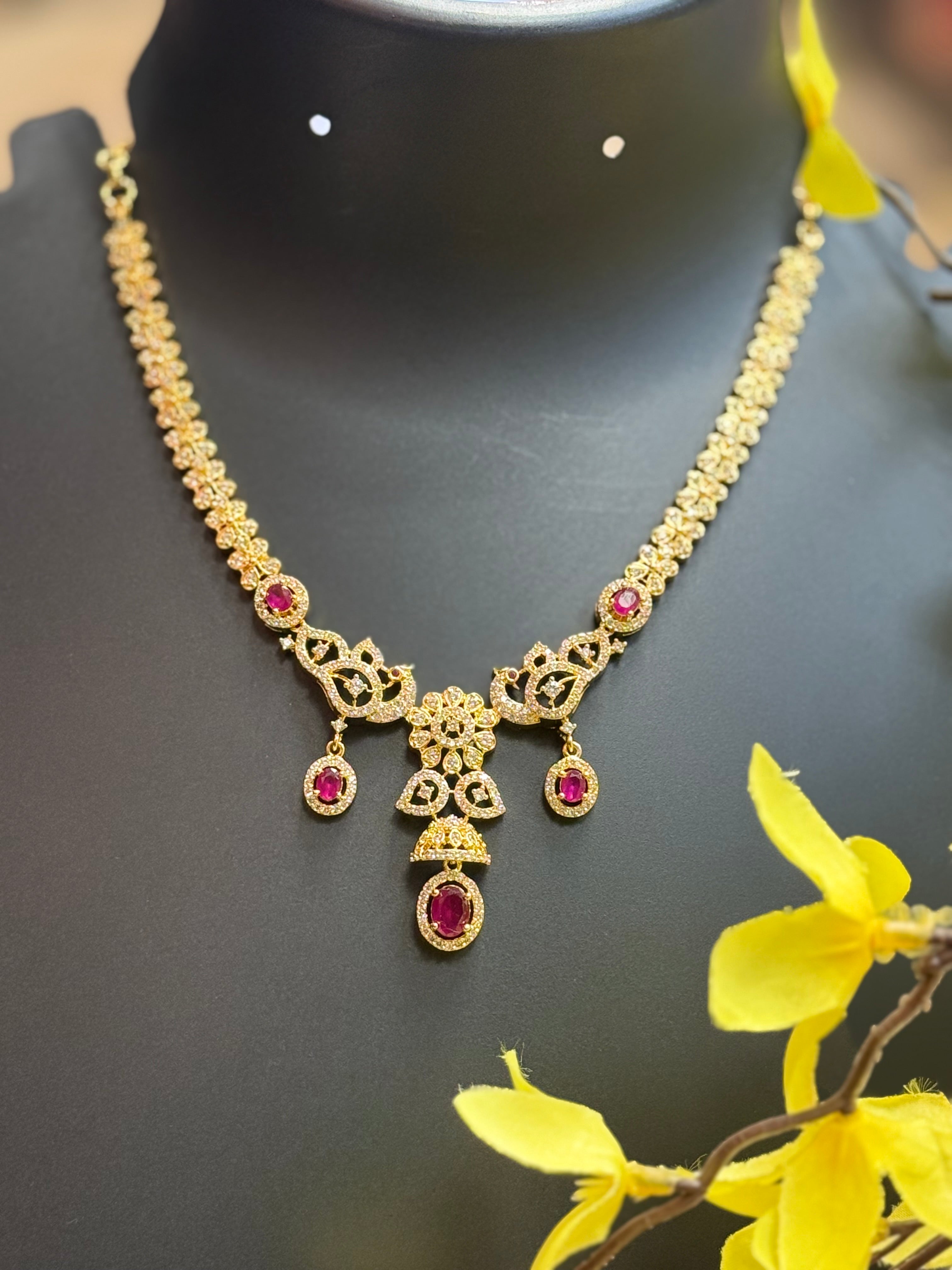 Gold Finish CZ Necklace set with Ruby