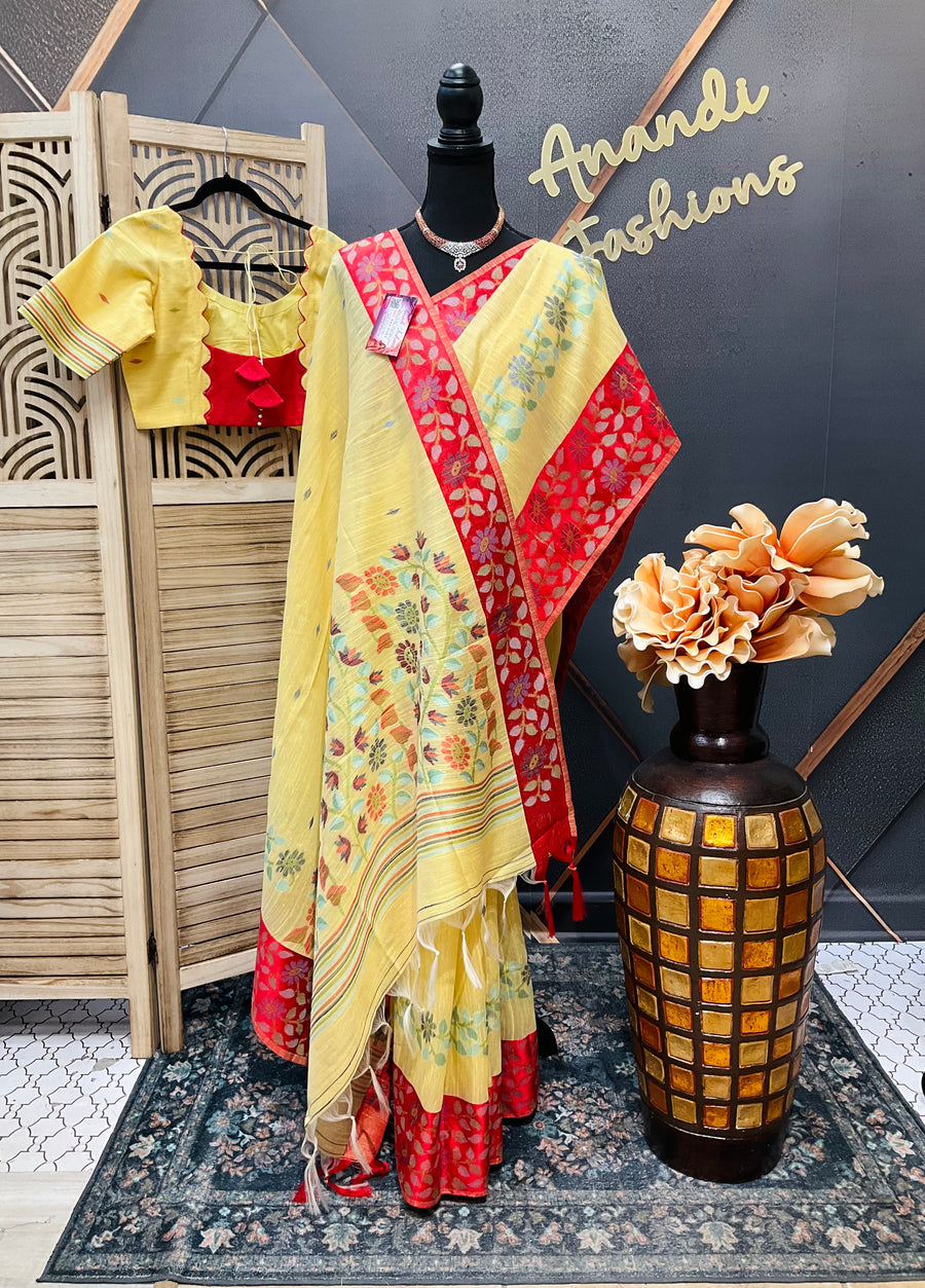 Yellow-Lenin Jamdhani saree with Stitched blouse