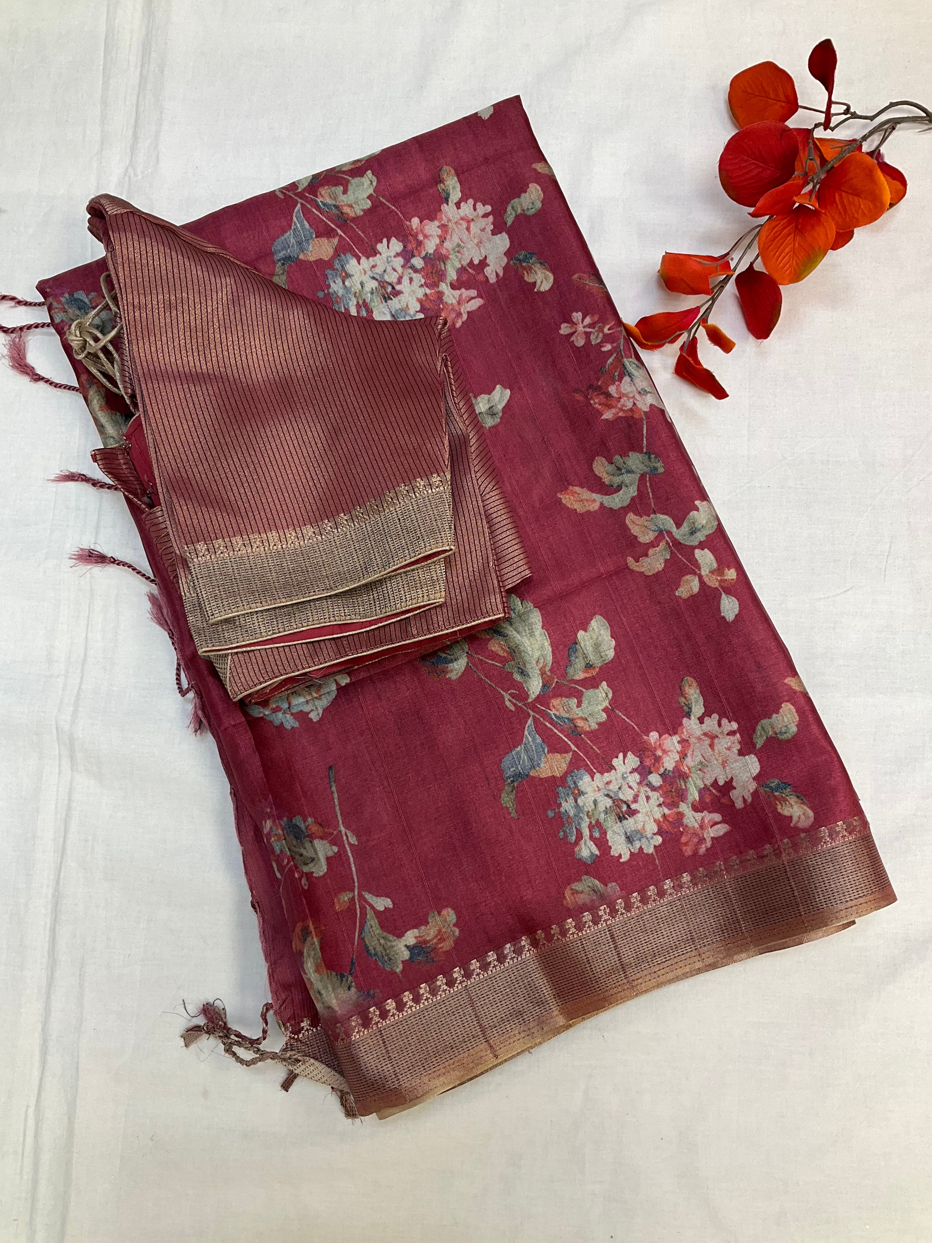 Onion pink digital print floralsaree with Stitched blouse - fall pico done