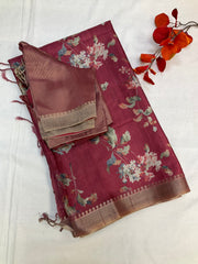 Onion pink digital print floral saree with Stitched blouse
