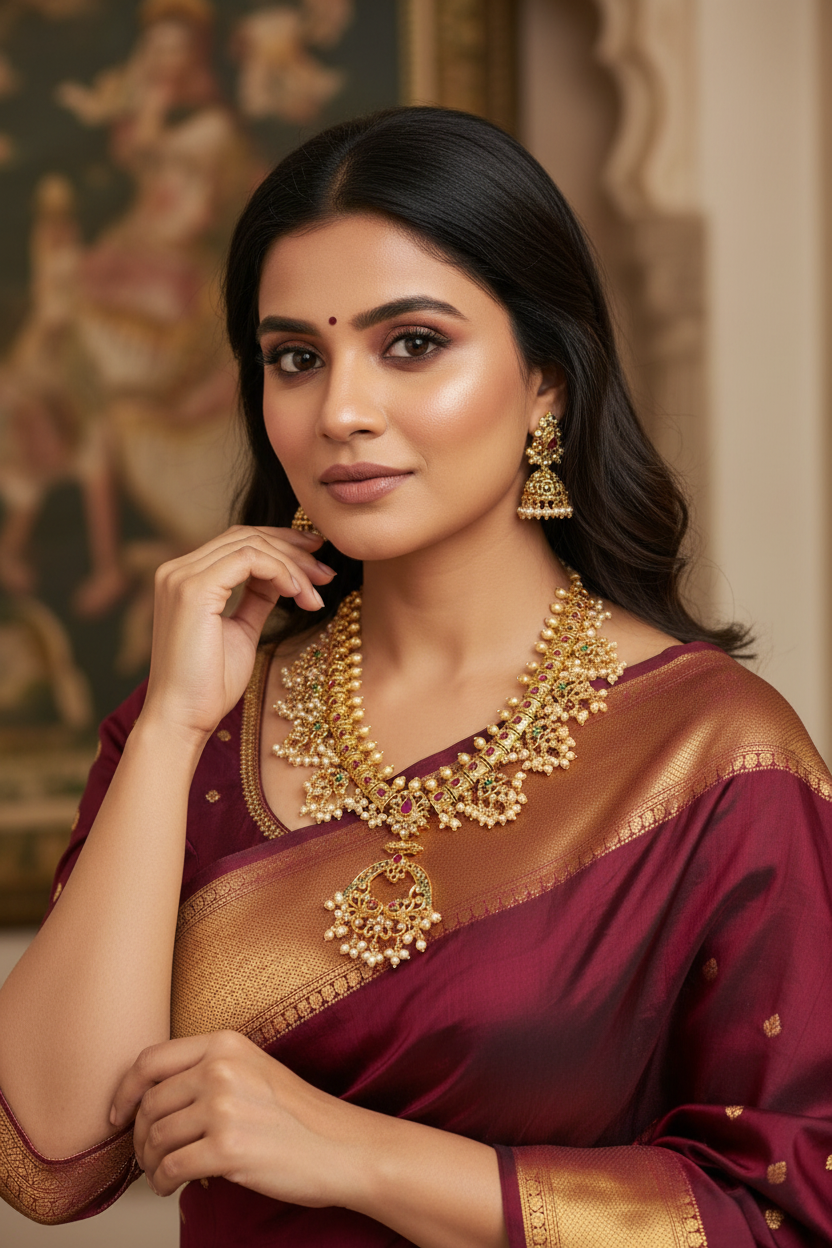 Woman wearing maroon and gold saree with intricate gold jewelry including necklace and earrings, elegant Indian ethnic wear