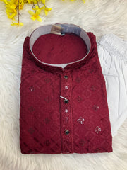 Plus Size Maroon Rayon Chikankari Men’s wear Kurta set