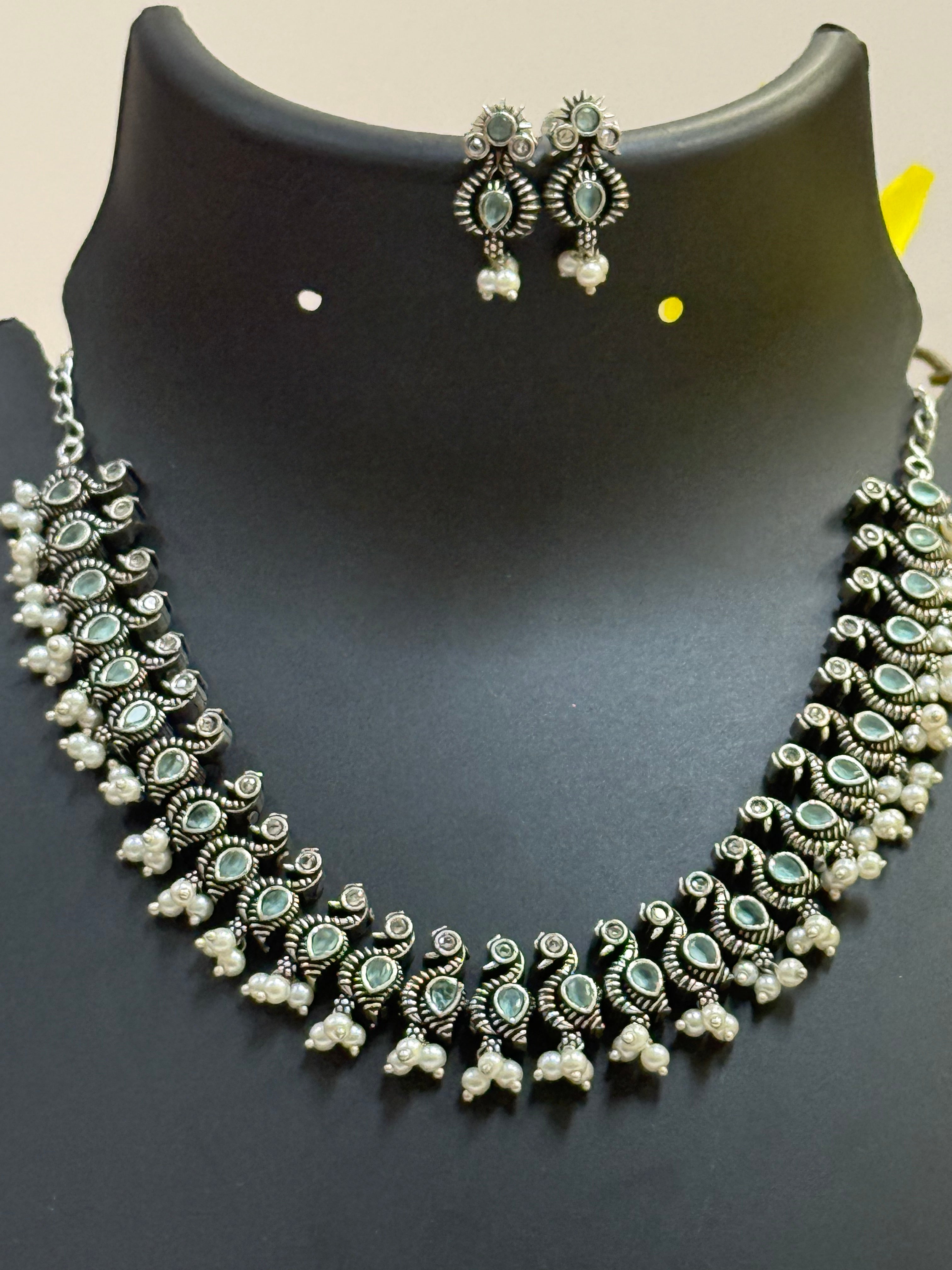 German Silver Pastel Blue Peacock Necklace set