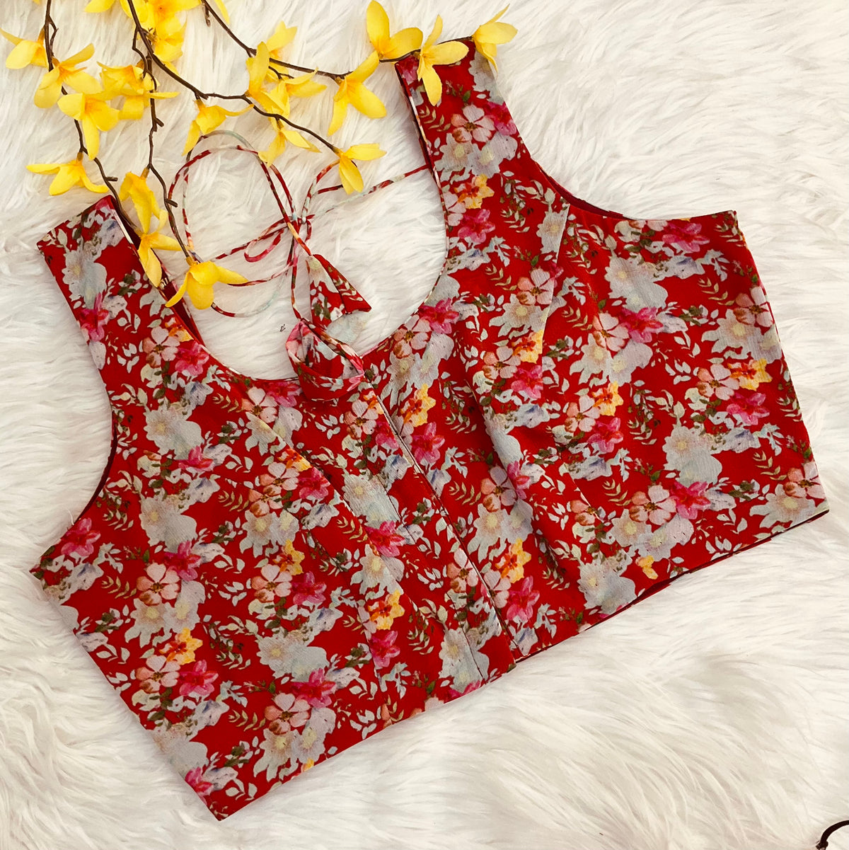 Designer -Red Chinnon floral saree with Sleeveless Blouse