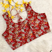 Designer Red Chinnon Floral with Sleeveless Blouse Saree
