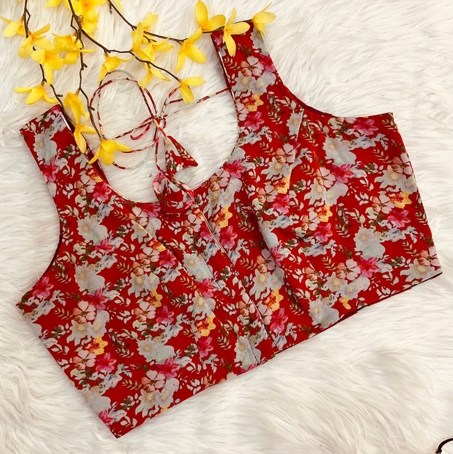 Designer Red Chinnon Floral with Sleeveless Blouse Saree