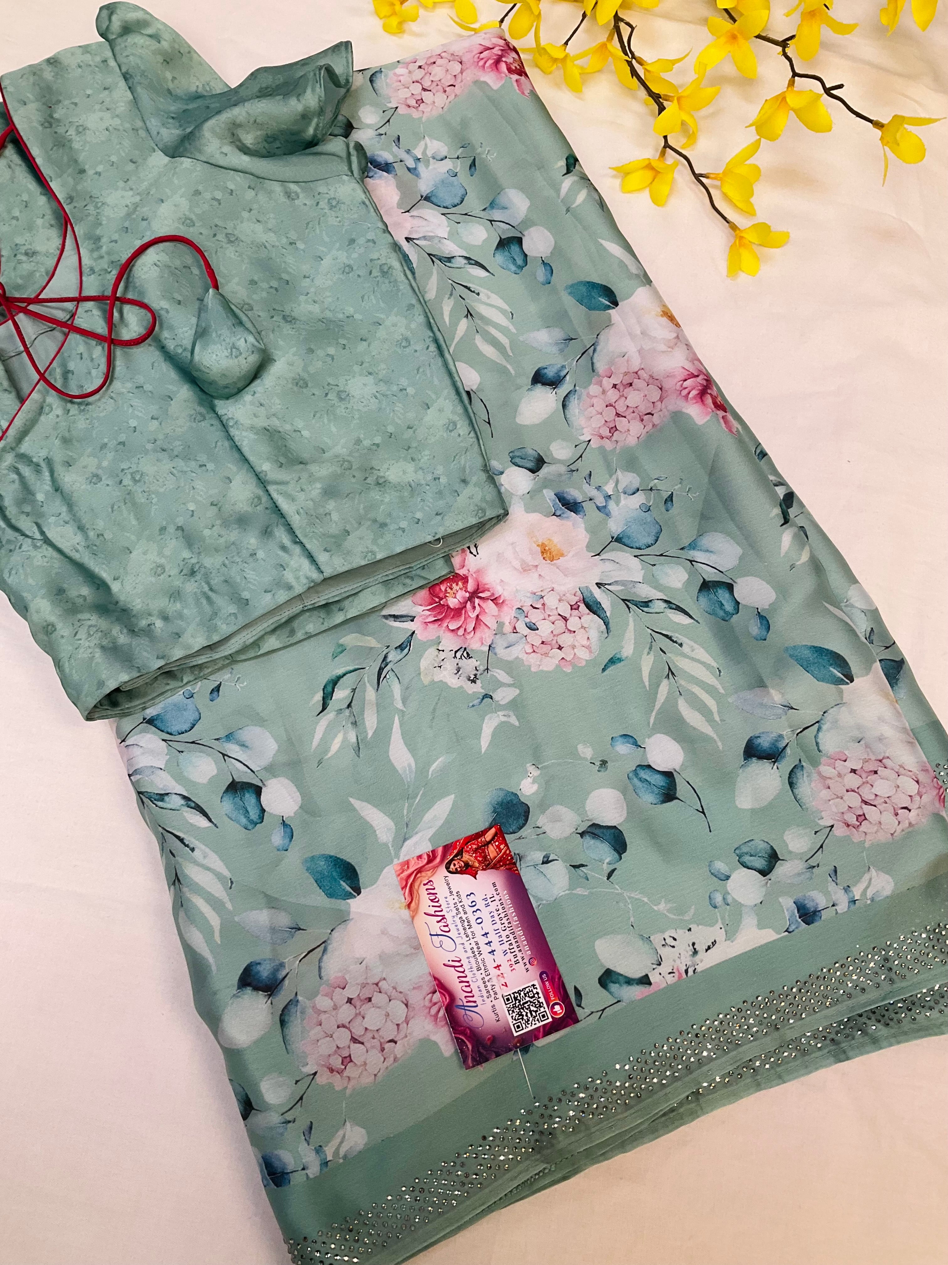 Crape Silk Digital print Floral sarees with stitched blouse