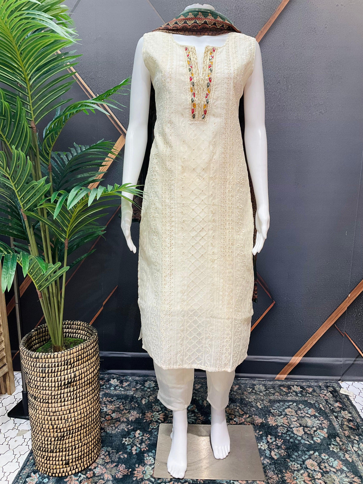 Half White Party Wear Kurti Set - Digital Print Dupatta