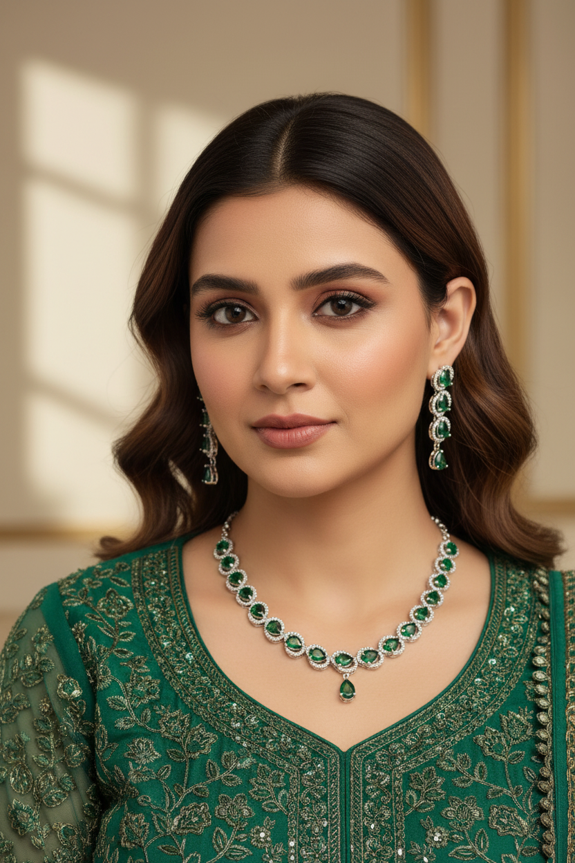 Woman wearing green embroidered Indian ethnic dress with matching emerald and diamond necklace and earrings