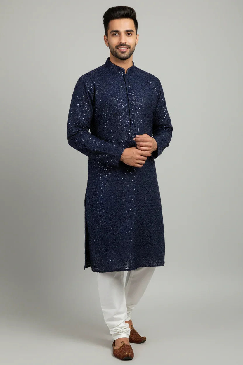 Size 36-Mens Navy Blue Sequence Kurta pajama set