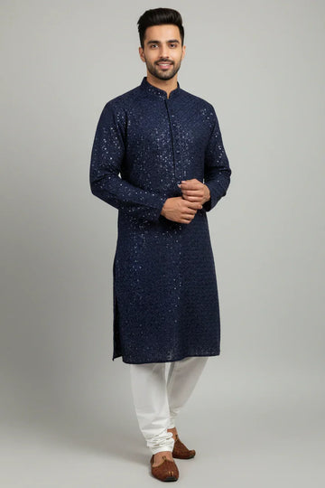 Size 36-Mens Navy Blue Sequence Kurta pajama set
