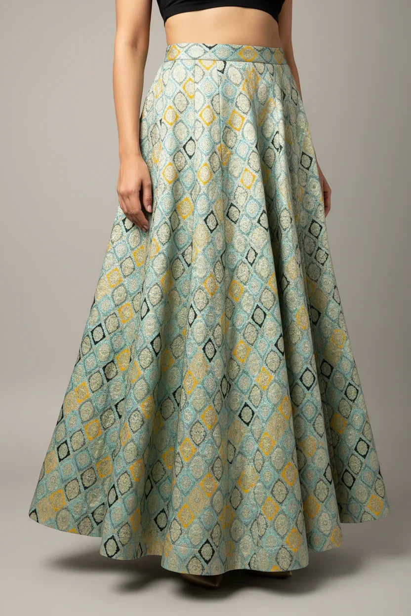 Indian ethnic flared skirt with multicolor diamond pattern, worn with black crop top at Anandi Fashions