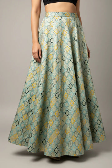 Indian ethnic flared skirt with multicolor diamond pattern, worn with black crop top at Anandi Fashions