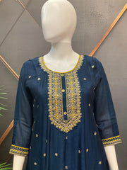 Navy Blue Party Wear Lightweight Palazzo Set - Vichitra Silk with Contrast Dupatta
