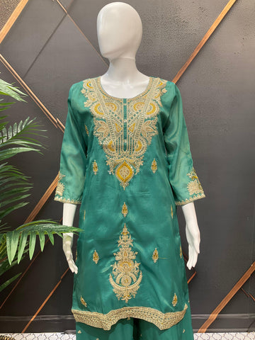 Party Wear Shimmery Silk Palazzo Set - Gold Embroidery