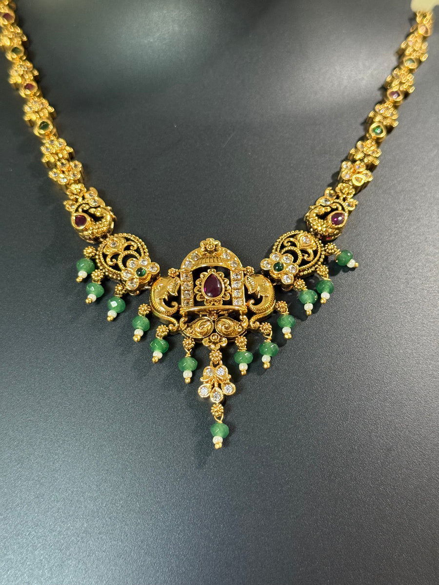 Antique Finish Simple Necklace set with Green Beads