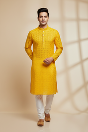 Plus Size Yellow Rayon Chikankari Men’s wear Kurta set