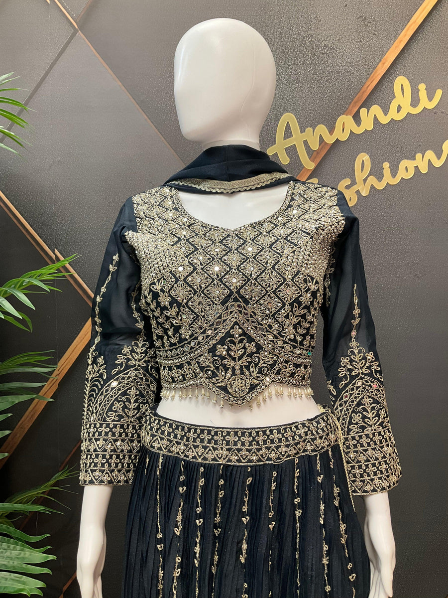 Shimmery Lehenga Set with Heavy Work - Dark Color Party Wear