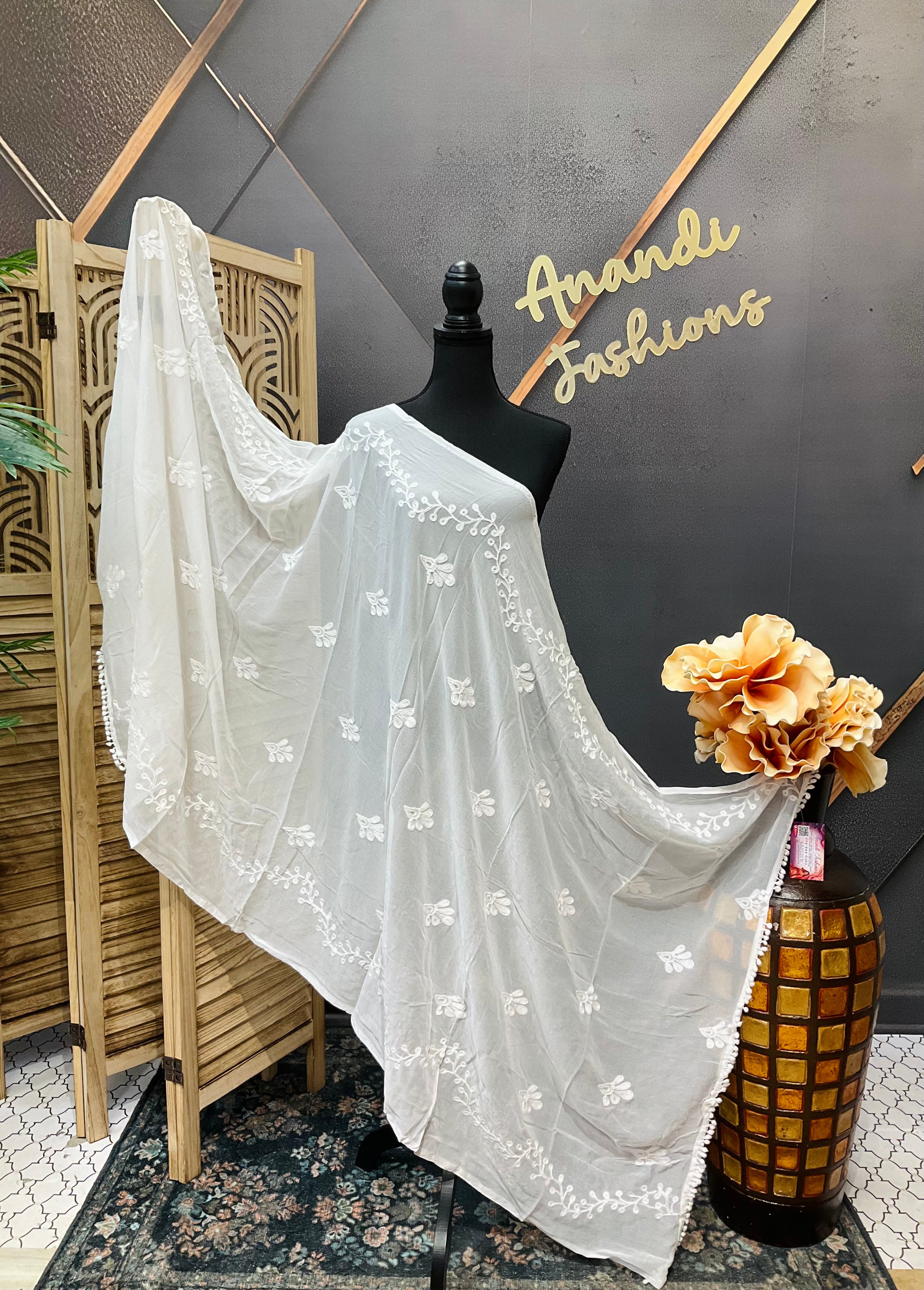 White Chiffon Dupatta with work