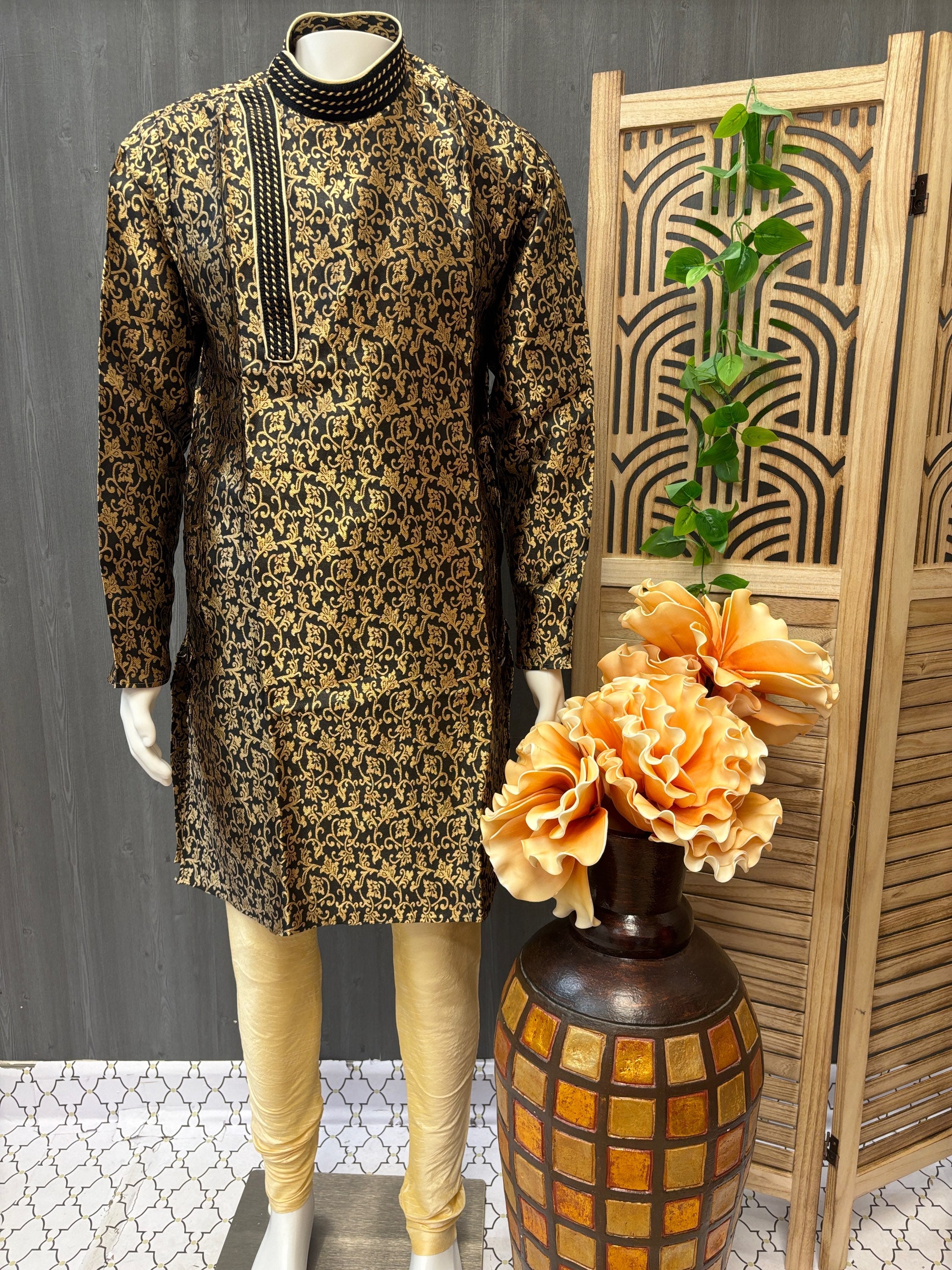 Black - Stunning and Attractive Men’s Silk Kurta Pajama Set- Size 36 image 0
