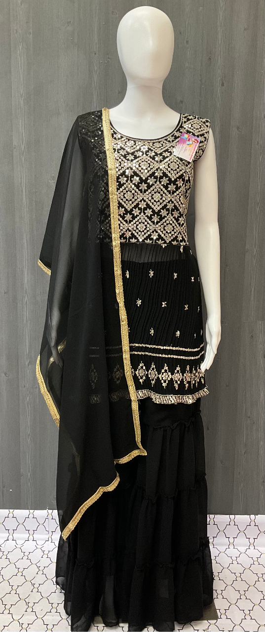 Black Party wear 3 piece Sharara set in Georgette material - Size 38 image 1