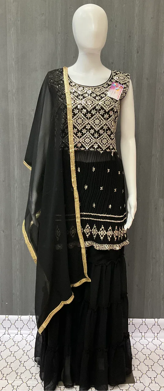 Black Party Wear 3-Piece Sharara Set Size 38 - Georgette