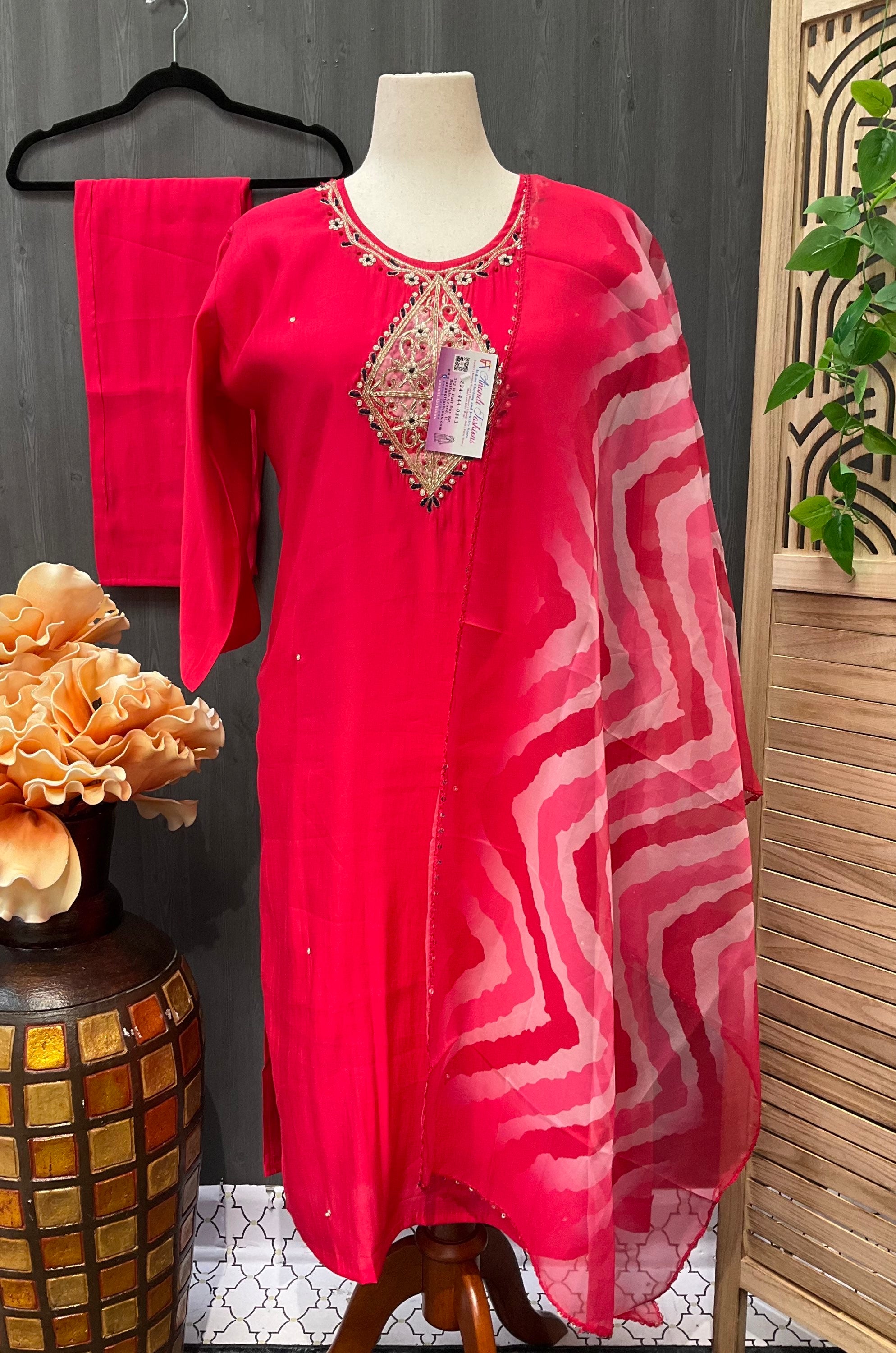 Plus Size - Pink Color Roman Silk Kurti set image 2
