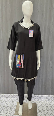 Black Cord Set - Kurti with  Beads Work on Pocket