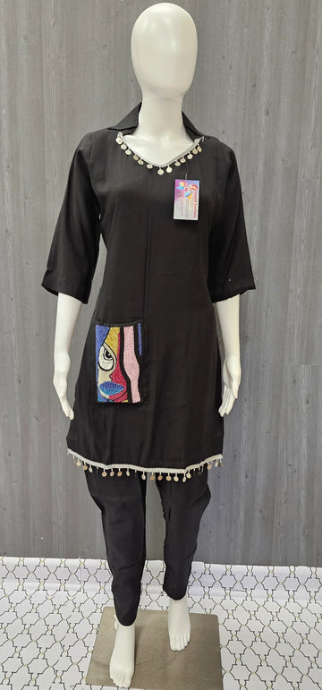 Black Cord Set - Kurti with  Beads Work on Pocket