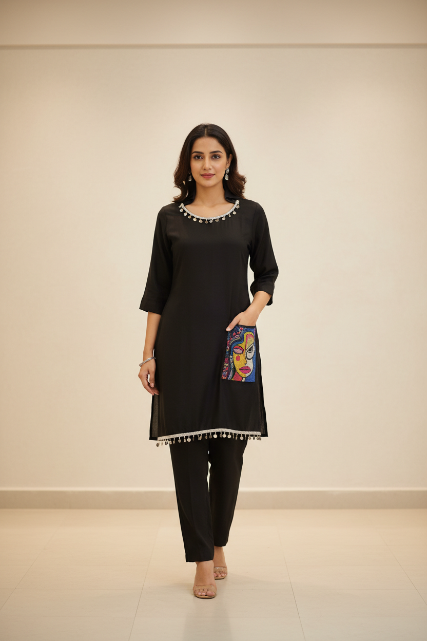 Black Cord Set - Kurti with  Beads Work on Pocket