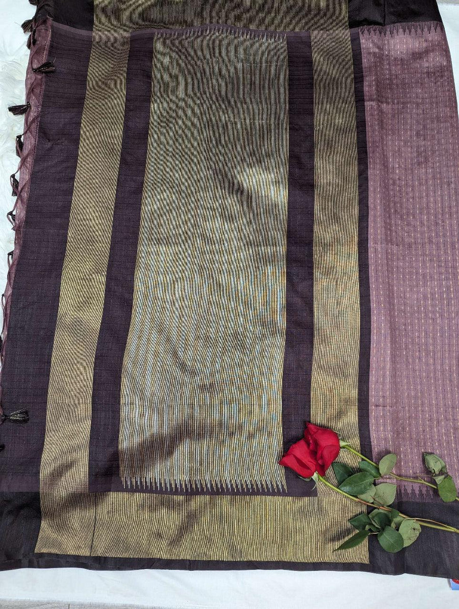 Tussar Silk Saree with Stitched Blouse Size 38 - Onion Pink & Brown Fancy