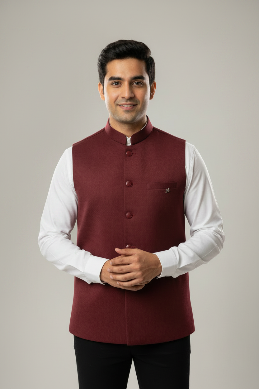 Men’s Maroon Modi Jacket with Pockets Ethnic Kurta Set with Modi Jacket - Anandi Fashions