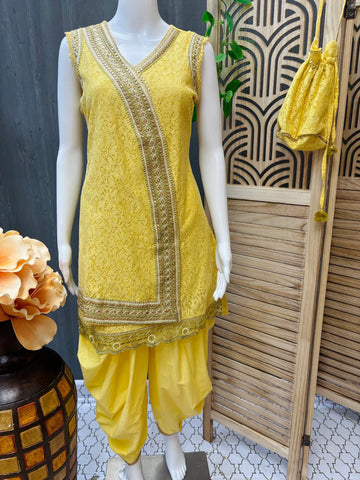 Yellow Color - Dhoti Style Kurti set with floral print dupatta