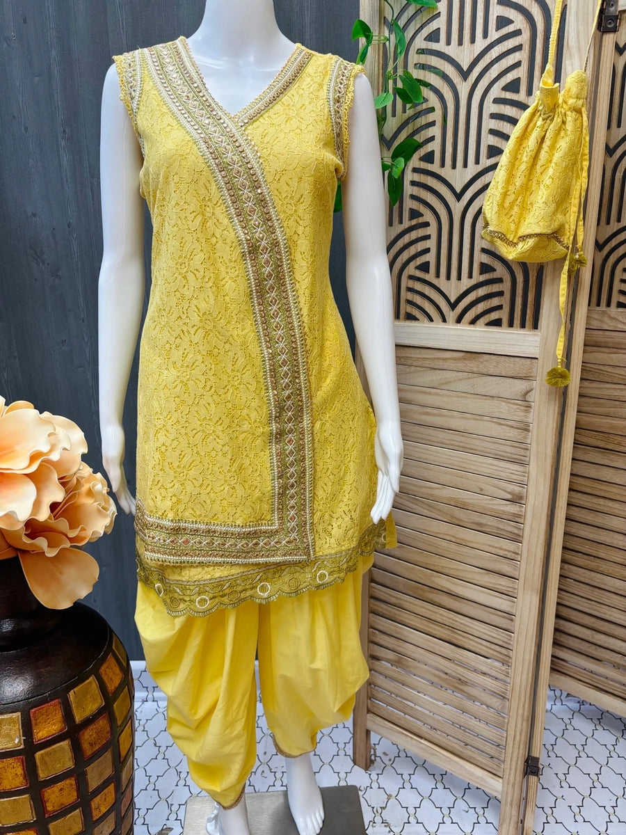 Yellow Color - Dhoti Style Kurti set with floral print dupatta