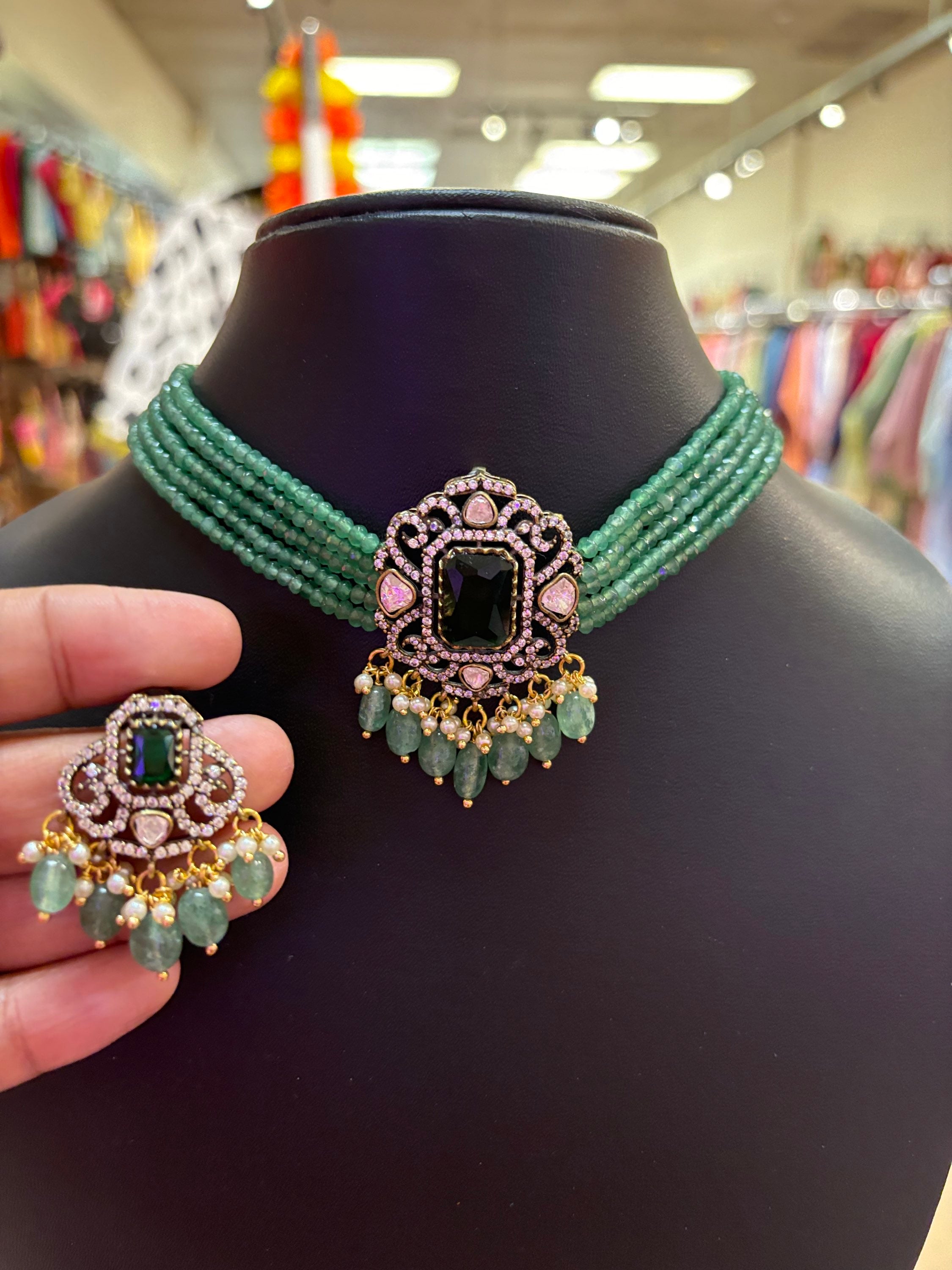 Green Beads Choker/Necklace with Victorian Pendant & Earrings  image 0