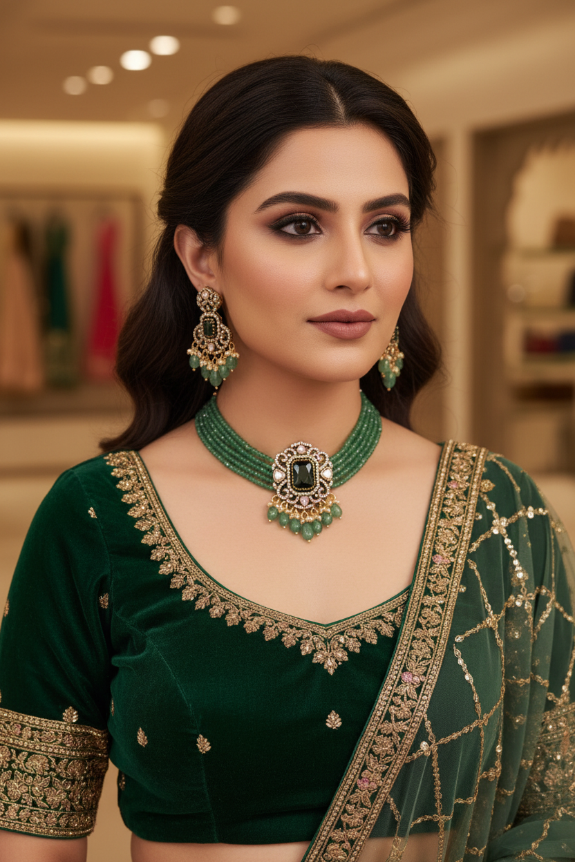 Green Beads Victorian Choker Necklace Set