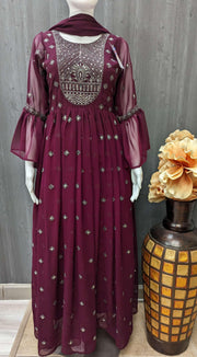 Wine Color Long Party Wear Dress Size 38 - Elegant Ethnic Wear