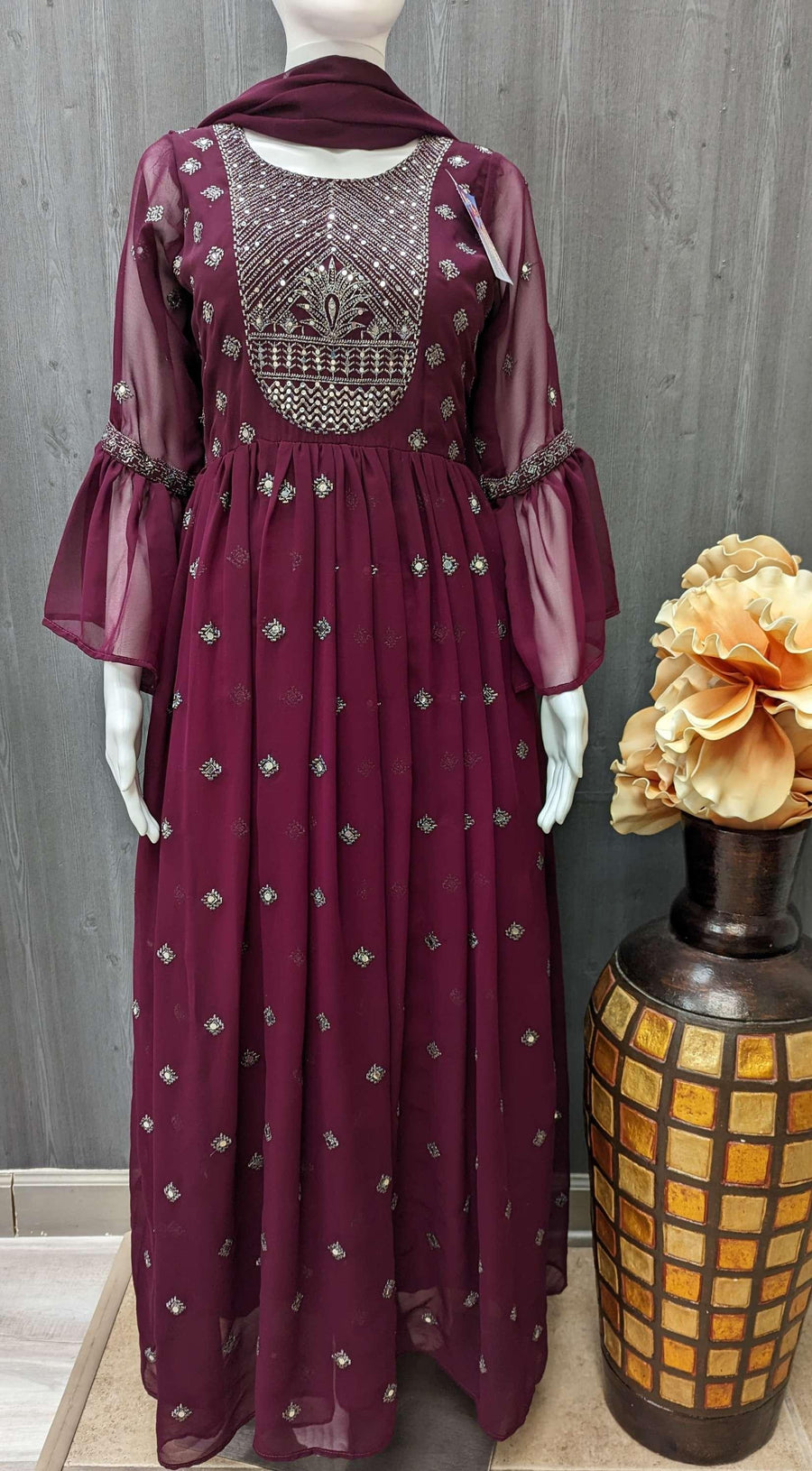 Wine Color Long Party Wear Dress Size 38 - Elegant Ethnic Wear