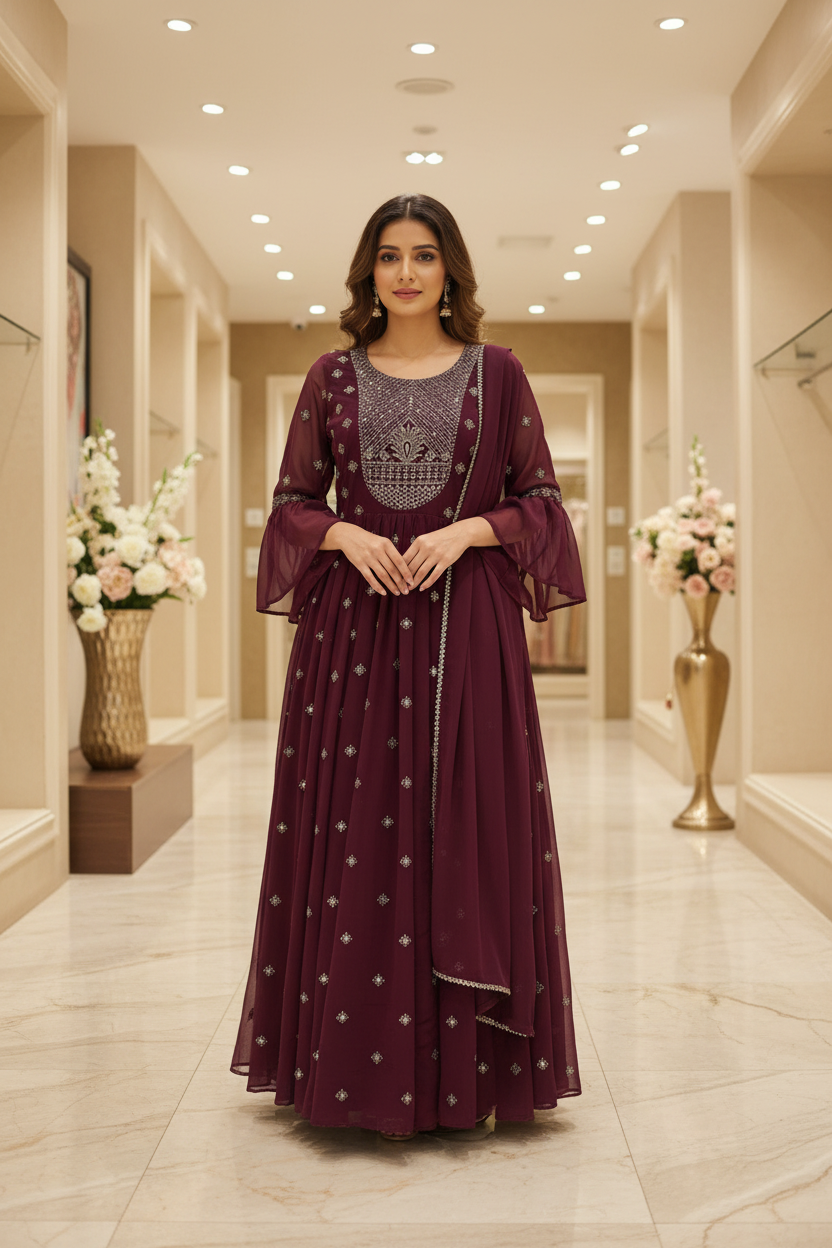 Wine Color Long Party Wear Dress Size 38 - Elegant Ethnic Wear