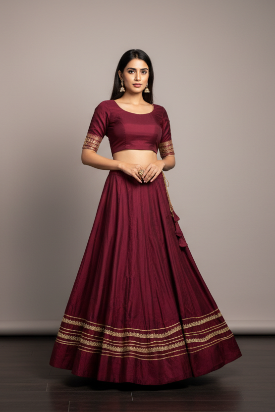Woman wearing a maroon traditional outfit with a plain background