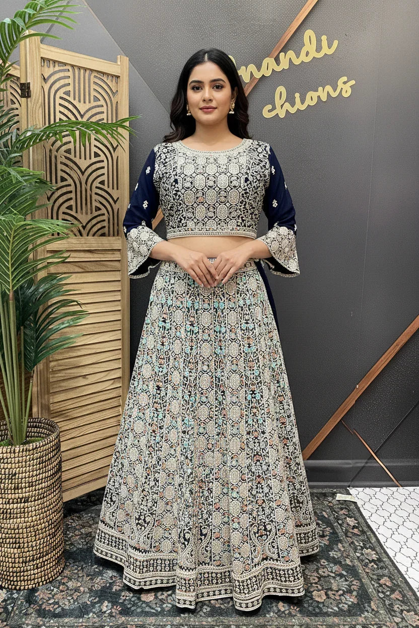 Plus Size Royal Blue Heavy Work Lehenga Set - Georgette Party & Wedding Wear