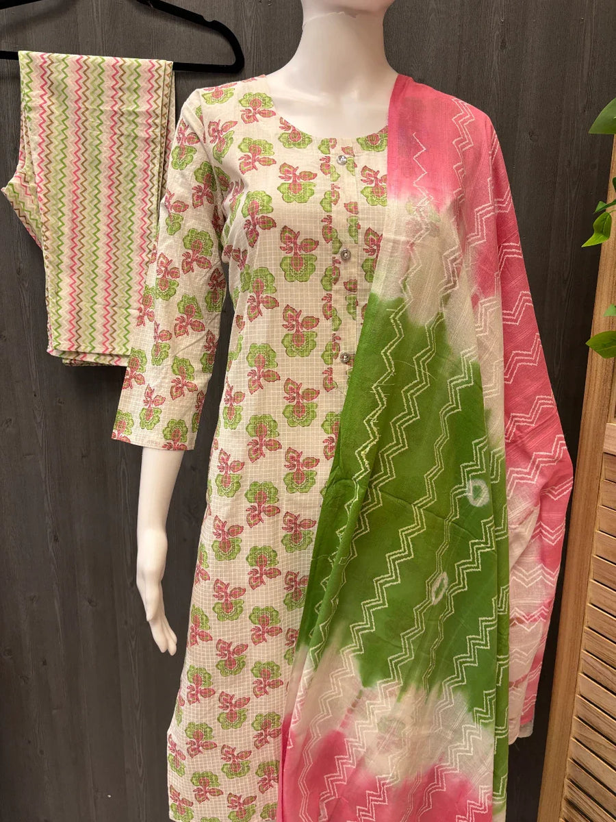 White color pure cotton Print Summer kurti set