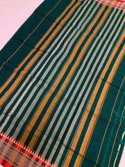 Green Narayanpet Pure Cotton Saree - Maroon Border with Temple Design
