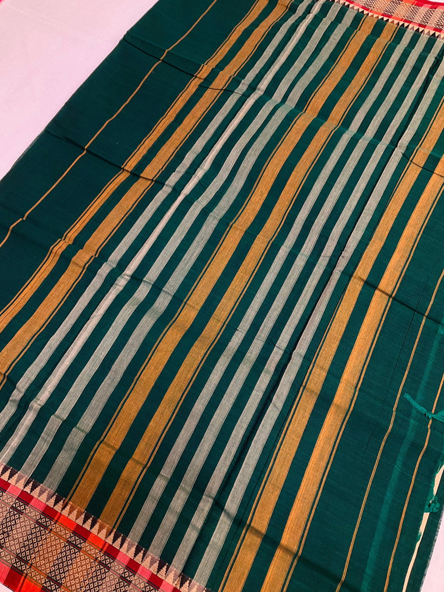 Green Narayanpet Pure Cotton Saree - Maroon Border with Temple Design