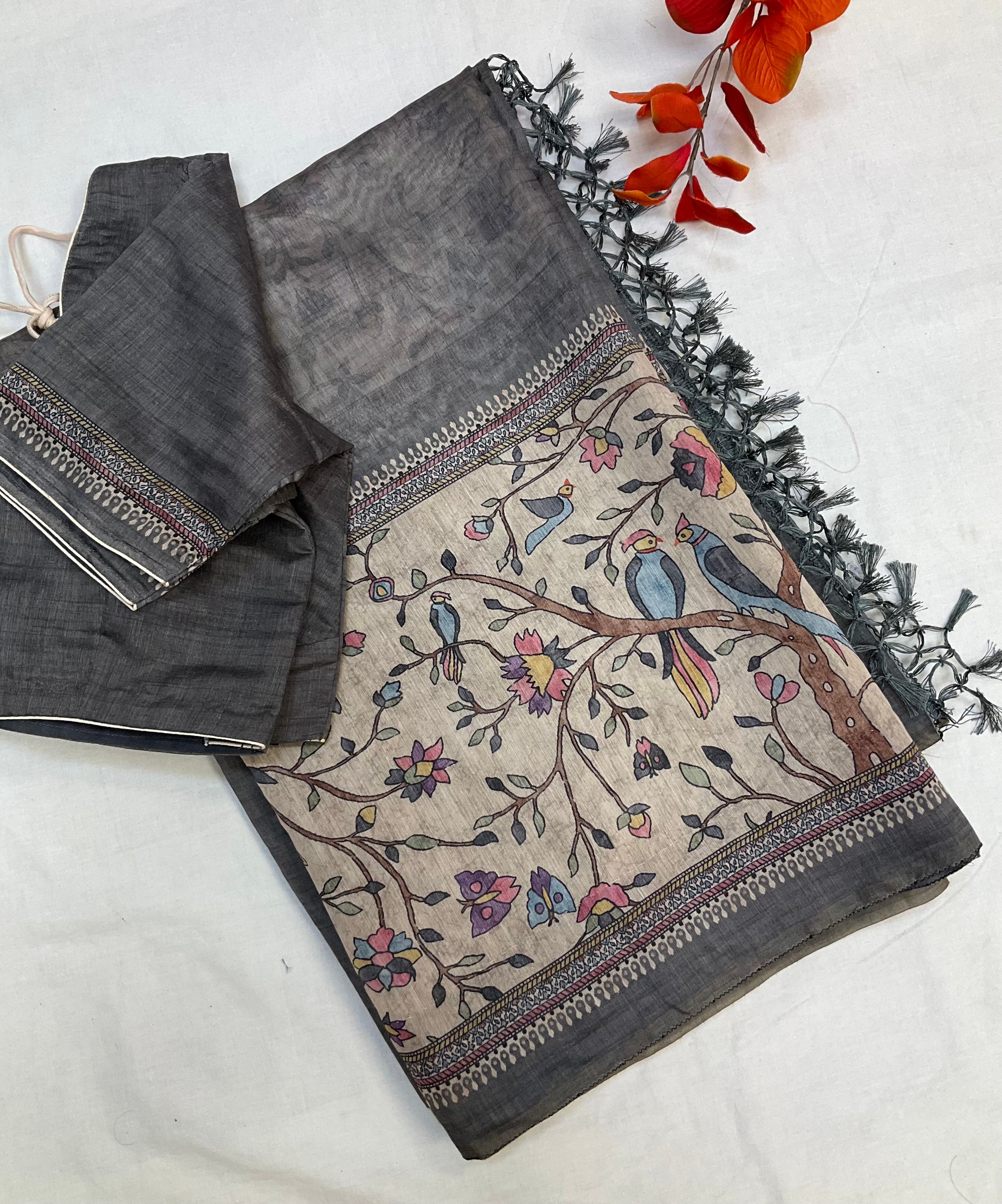 Grey Cotton Silk saree with digital print-Stitched blouse and fall pico Done